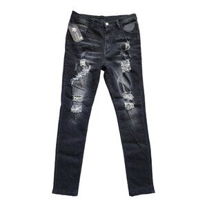 HUNGSON Men's Distressed Stretchy Ripped Skinny Jeans Slim Denim Pants Black 30